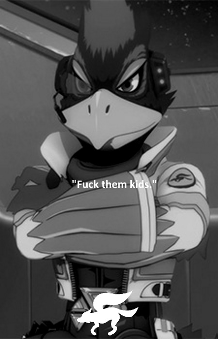 a grayscale image of Fly Bi (Falco from Star Fox), captioned as saying "Fuck them kids."